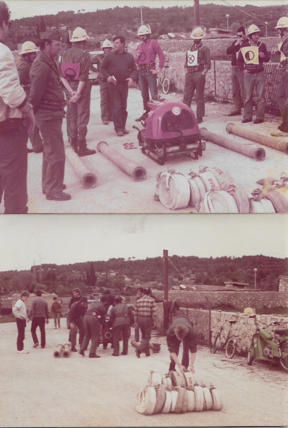 Arhivski list s dvije fotografije vatrogasne vježbe i opreme
